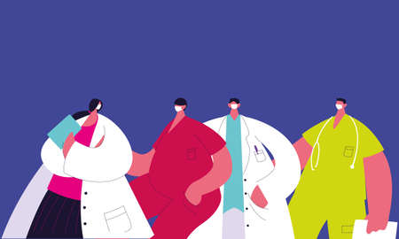 doctors wearing face masks and medical uniforms vector illustration designのイラスト素材