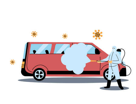Man wearing protective suit and disinfectant isolated to avoid covid 19, disinfecting van vector illustration designのイラスト素材