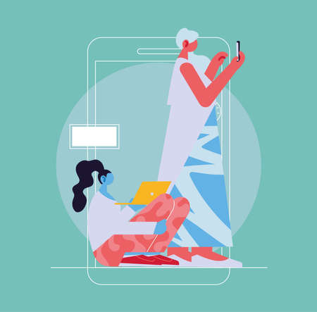 women working online at home vector illustration designのイラスト素材