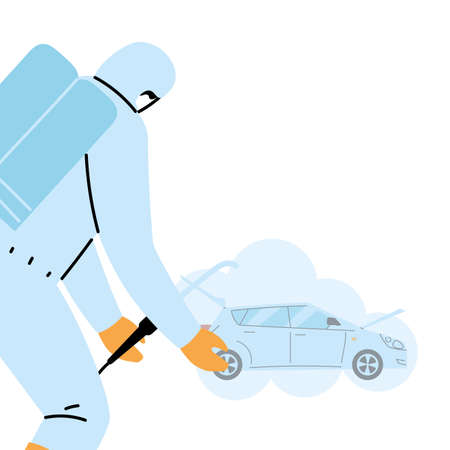 Man wearing protective suit and disinfectant isolated to avoid covid 19, disinfecting car vector illustration designのイラスト素材