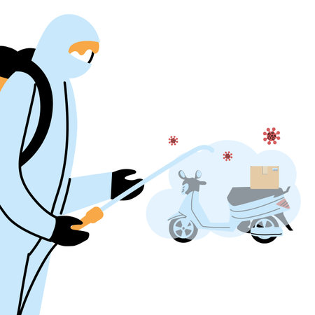 Man wearing protective suit and disinfectant isolated to avoid covid 19, disinfecting motorcycle vector illustration designのイラスト素材