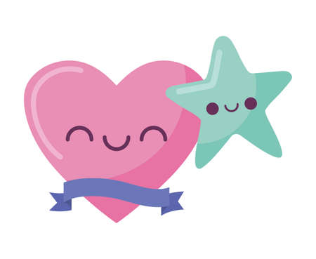 heart and star cartoon design, Kawaii expression cute character funny and emoticon theme Vector illustrationのイラスト素材