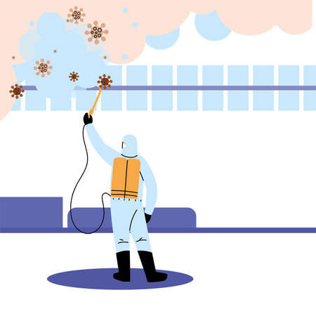 Man wearing protective suit and disinfectant isolated to avoid covid 19, disinfecting structures vector illustration designのイラスト素材