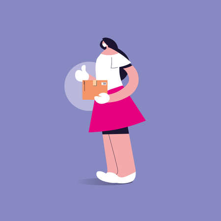 woman with face mask holds a cardboard box vector illustration designのイラスト素材