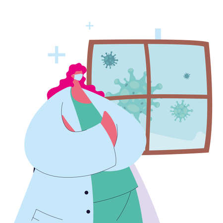 Female doctor with mask and gown to prevent coronavirus vector illustration designのイラスト素材