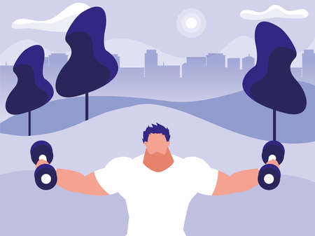 athletic man weight lifting in the park vector illustration designのイラスト素材