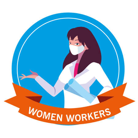 Architect woman with mask and plans design, Women workers occupation and job theme Vector illustrationのイラスト素材