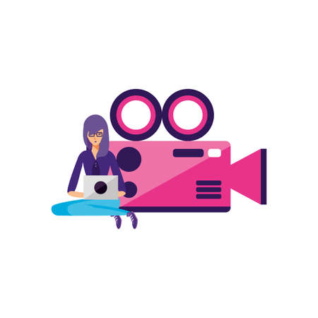 woman using laptop with video camera app vector illustration designのイラスト素材
