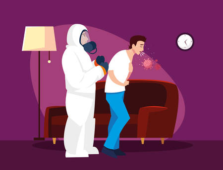 Doctor with protective suit checking man at home design of Medical care and covid 19 virus theme Vector illustrationのイラスト素材
