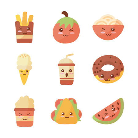 set of icons kawaii food on white background vector illustration designのイラスト素材