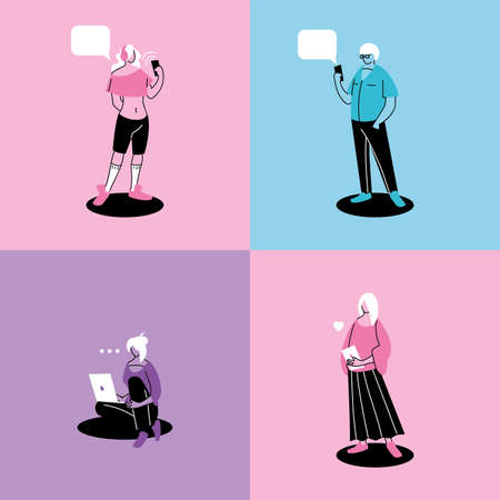 poster people using technological gadgets vector illustration designのイラスト素材