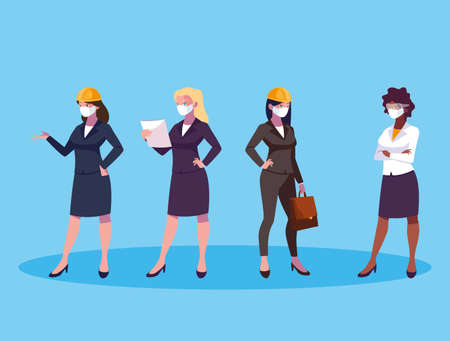 Architect businesswoman engineer and builder woman with masks and helmets design, Women workers theme Vector illustrationのイラスト素材