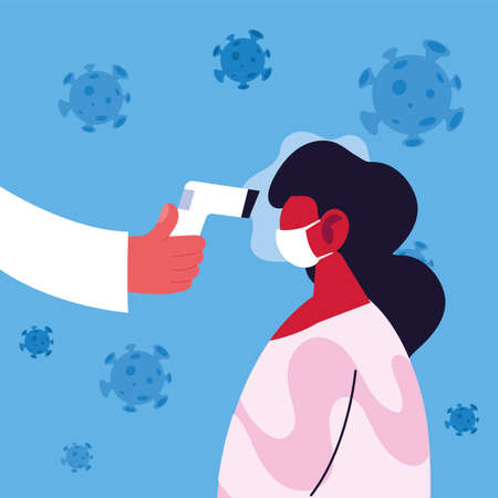 doctor measures the temperature of a woman in a medical mask, coronavirus prevention vector illustration designのイラスト素材