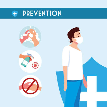 Man shield and prevention tips design of Covid 19 virus theme Vector illustrationのイラスト素材