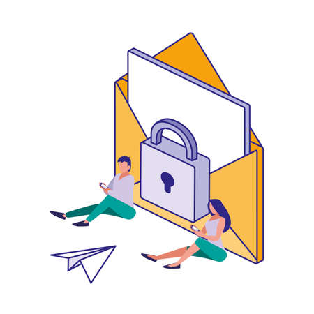 Envelope padlock and people design of Security system warning protection danger web alert and safe theme Vector illustrationのイラスト素材