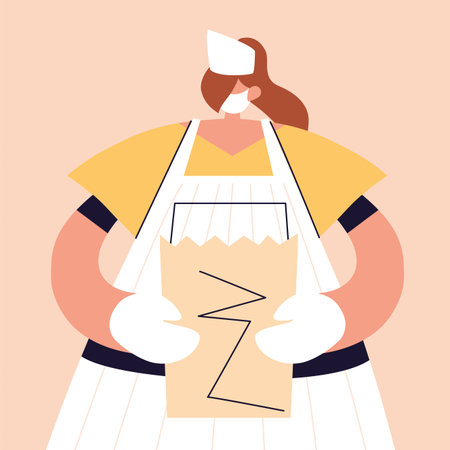 woman waitress with face mask and uniform vector illustration design