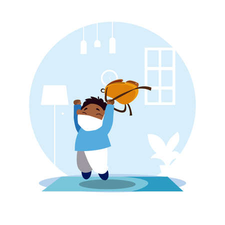 Boy kid cartoon with mask and school bag at home design of Covid 19 virus theme Vector illustrationのイラスト素材