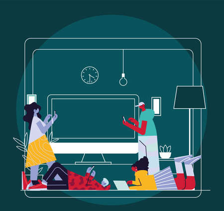 people connected online at home by different electronic means vector illustration designのイラスト素材