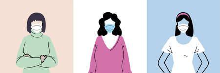 set of women avatar in protective medical face masks vector illustration designのイラスト素材