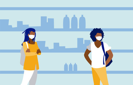 Men with masks in the supermarket in front of shelves design of Covid 19 virus theme Vector illustrationのイラスト素材