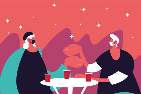 Urban men cartoons with masks casual cloth and restaurant table with drinks design of Medical care and covid 19 virus theme Vector illustrationのイラスト素材