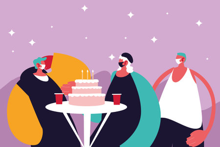 Urban men cartoons with masks casual cloth and happy birthday cake on table design of Medical care and covid 19 virus theme Vector illustrationのイラスト素材