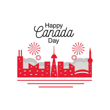 happy canada day with city and firework vector illustration designのイラスト素材