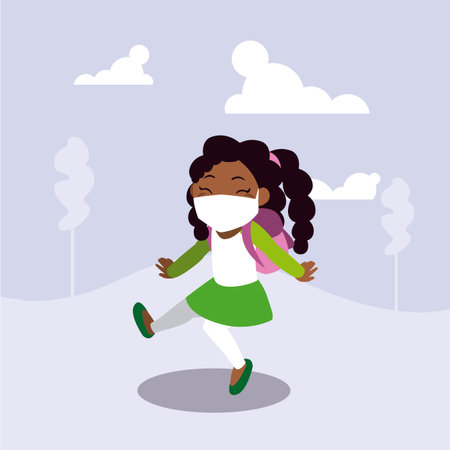 Girl kid cartoon with mask at park design of Covid 19 virus theme Vector illustrationのイラスト素材