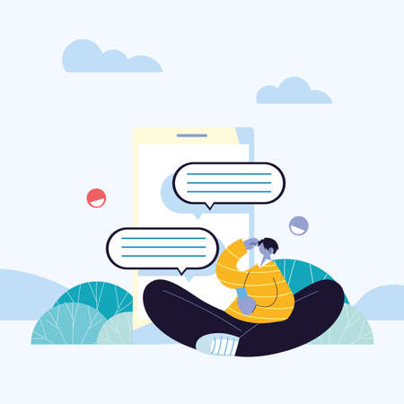 man with smartphone chatting, chat bubble vector illustration designのイラスト素材