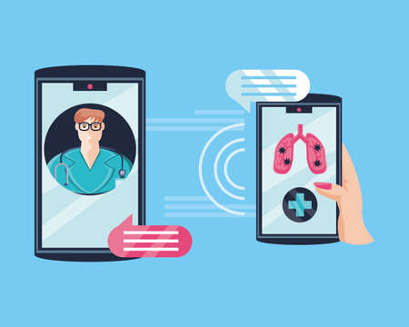 hand holding a smartphone, online medical support vector illustration designのイラスト素材
