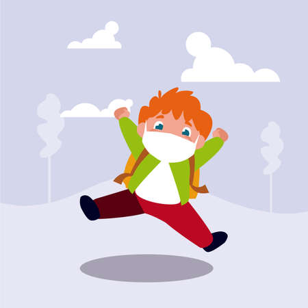 Boy kid cartoon with mask and school bag at park design of Covid 19 virus theme Vector illustrationのイラスト素材