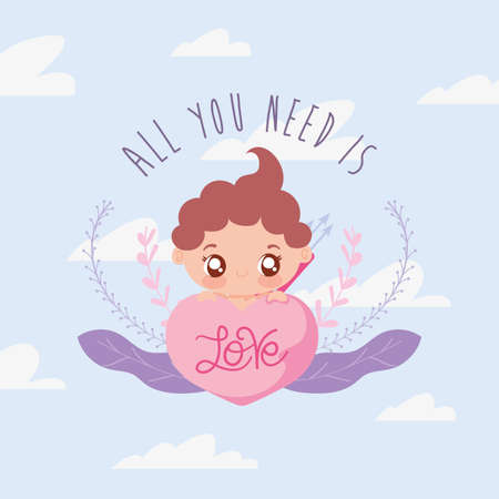 Cupid cartoon and leaves design of Happy valentines day love passion romantic wedding decoration and marriage theme Vector illustrationのイラスト素材
