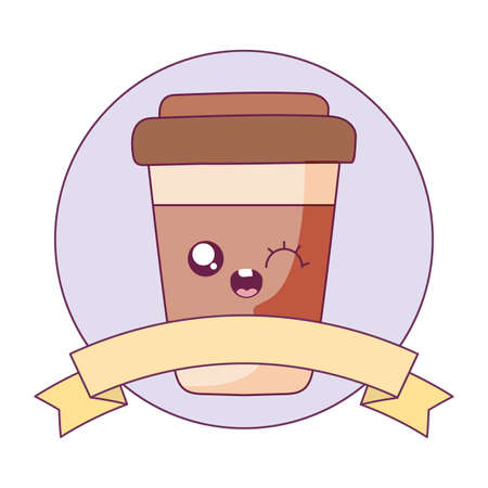 coffee mug cartoon with ribbon design, Kawaii expression cute character funny and emoticon theme Vector illustrationのイラスト素材
