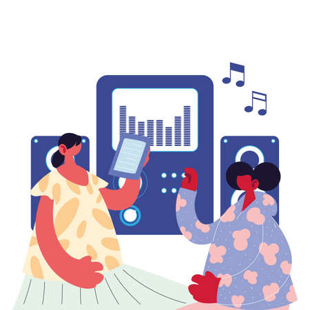 couple listening music with electronic devices vector illustration designのイラスト素材