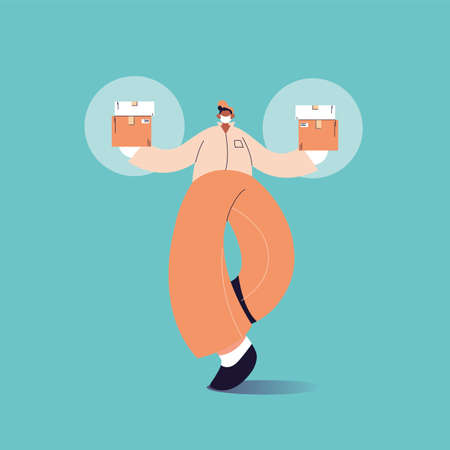 delivery man with face mask carries cardboard boxes vector illustration designのイラスト素材