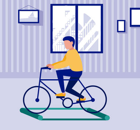 man on bicycle on training rollers, social distancingのイラスト素材