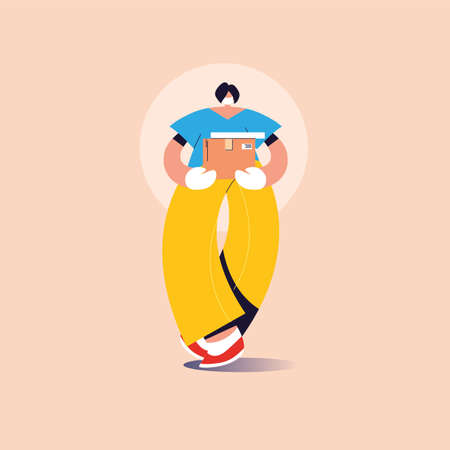 delivery man with face mask carries cardboard box vector illustration designのイラスト素材