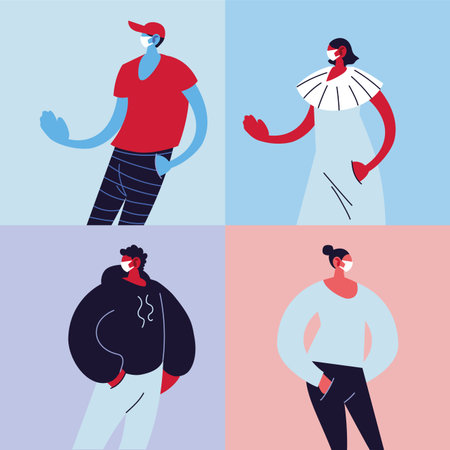 poster people with medical masks, protection of epidemic infection by coronavirus vector...