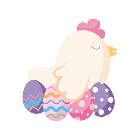 Happy easter chicken with eggs flat style icon design, Spring decoration holiday greeting ornament celebration festive season tradition and festival theme Vector illustrationのイラスト素材