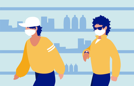 Men with masks in the supermarket in front of shelves design of Covid 19 virus theme Vector illustrationのイラスト素材