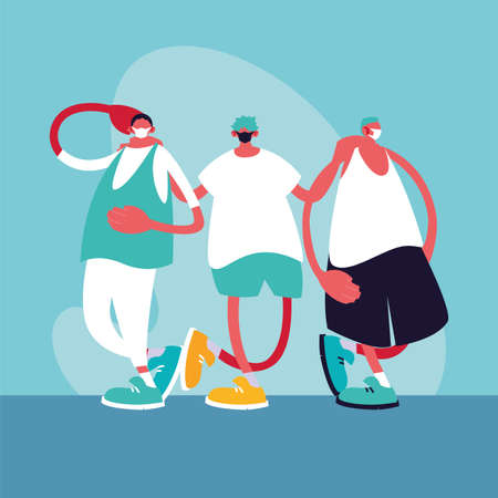 Urban men cartoons with masks and casual cloth design of Medical care and covid 19 virus theme Vector illustrationのイラスト素材