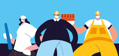 group of technicians and engineers with face mask vector illustration designのイラスト素材