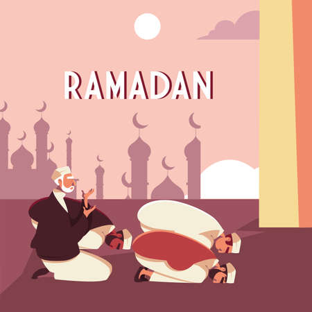 greeting card muslim men praying vector illustration designのイラスト素材