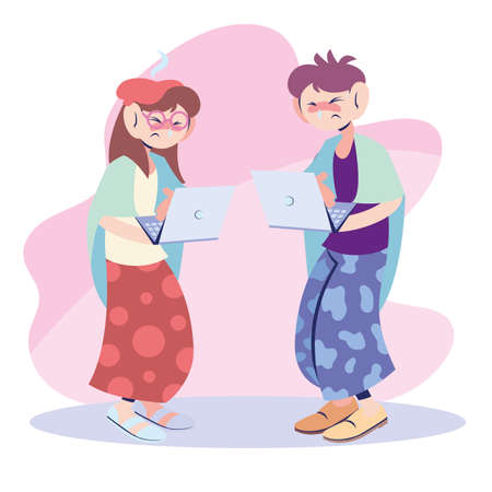 sick couple working on the computer vector illustration designのイラスト素材