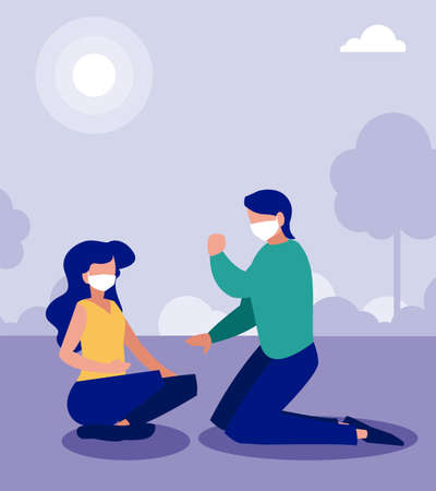 Woman and man couple with masks at park design of Covid 19 virus theme Vector illustrationのイラスト素材