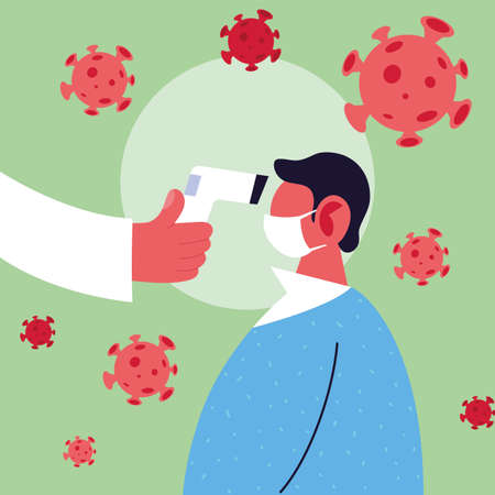 Hand holding thermometer gun checking man temperature design of Covid 19 virus theme Vector illustrationのイラスト素材