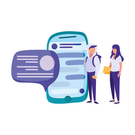young couple with big smartphone and speech bubble icon over white background, vector illustrationのイラスト素材