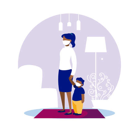 Mother and son with masks at home design of Covid 19 virus theme Vector illustrationのイラスト素材