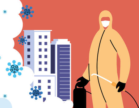 men in suits desinfecting buildings by covid 19 vector illustration desingのイラスト素材