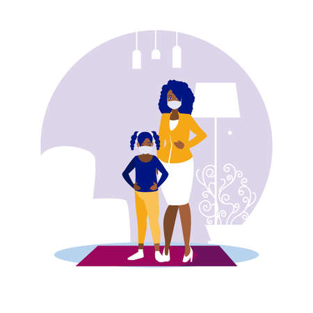 Mother and daughter with masks at home design of Covid 19 virus theme Vector illustrationのイラスト素材